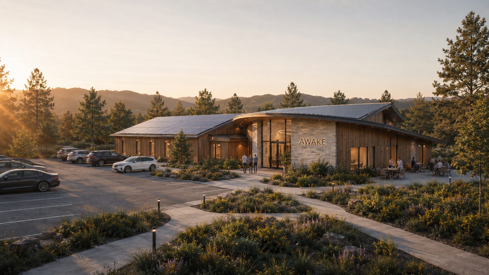 Approved AWAKE Node 01 concept architecture — exterior at dusk